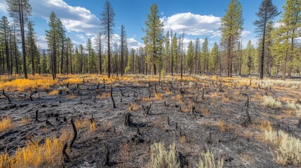 Scorched Landscape After Wildfire in Forest Area