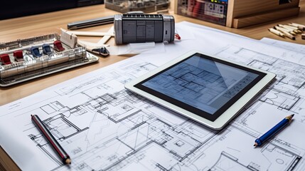 A digital tablet with architectural plans rests on a desk cluttered with blueprints, pens, and a scale model, showcasing an environment of innovation.