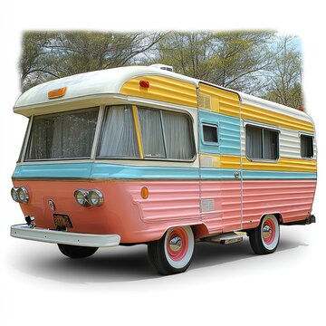 recommend clip art: A vintage RV camper painted in a retro color scheme, featuring yellow, pink, blue, and white stripes with chrome wheels, parked against a background of green trees.