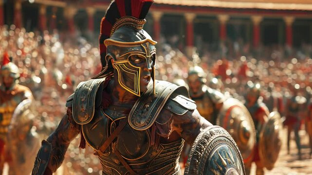 Slow motion Gladiator prepares for battle in ancient arena surrounded by thousands of spectators
