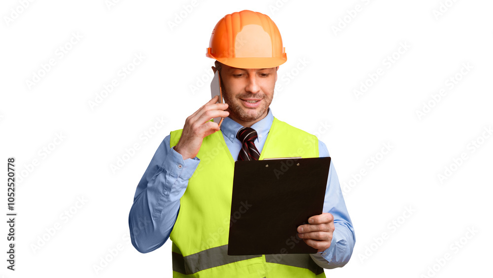 Poster male builder worker in hardhat talking on cellphone discussing building project holding folder stand