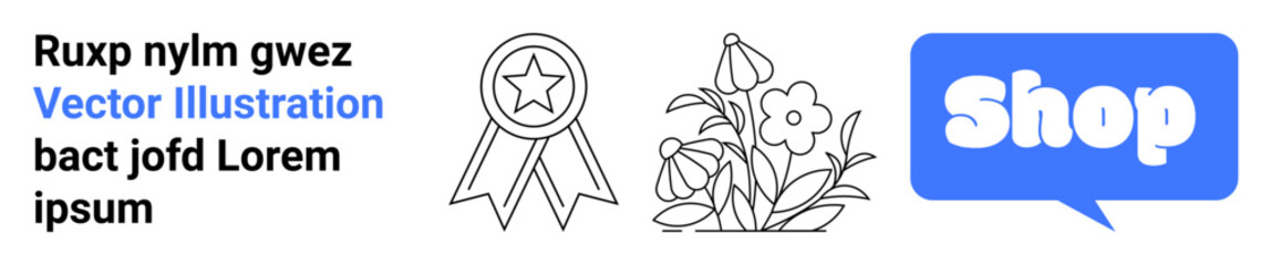 Text on the left, a star award badge, a bouquet of flowers, and a blue shop icon to the right. Ideal for e-commerce, retail, customer service, floral shops, and awards. Banner for landing page
