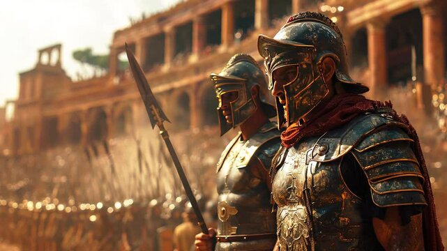 Slow motion Roman soldiers prepare for battle in an ancient arena during a golden sunset