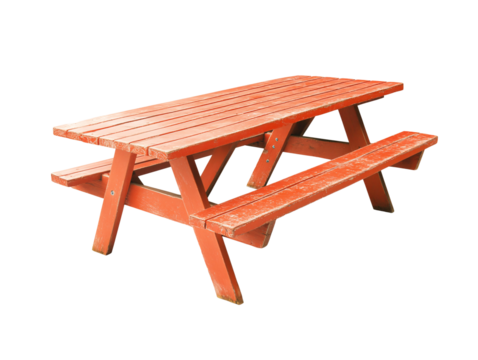 a red picnic table with a white background