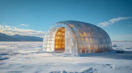 Obraz premium Igloo on a sandy desert landscape at sunset. The warm, golden-orange sky contrasts with the unique, icy structure in the arid environment, creating an unusual and surreal atmosphere