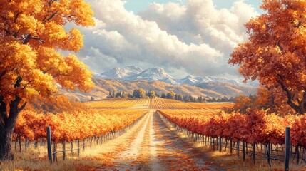 Fototapeta premium Autumnal Vineyard with Mountain View and Dirt Path