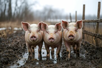 Three playful pigs exploring a muddy farmyard on a cloudy day