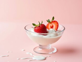 strawberry close-up in a glass saucer yogurt sour cream