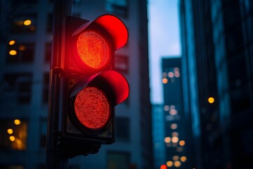 Red traffic light glowing at dusk in an urban city setting
