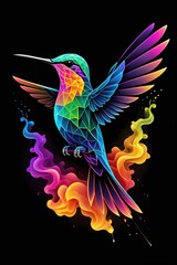Obraz premium Vibrant Geometric Hummingbird Illustration with Neon Colors on Black Background