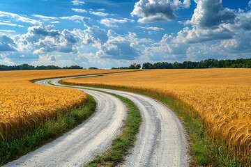Winding dirt road through golden wheat fields on a sunny day