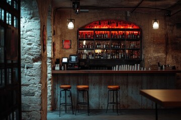Empty bar counter with stools illuminated by red lights