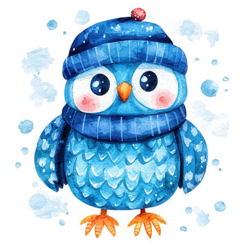 A charming blue owl wearing a cozy scarf and hat amidst falling snowflakes, perfect for winter-themed designs and illustrations.