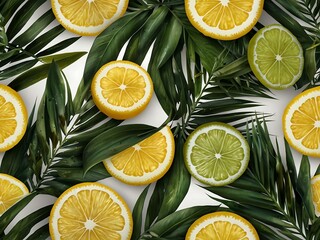 Palm leaves with lemon and lime slices on white