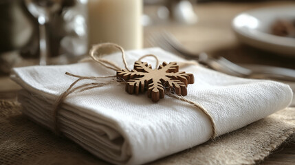 Fototapeta premium Rustic holiday napkin wrapped in twine with a wooden snowflake ornament, creating a warm and natural festive table setting for winter celebrations.