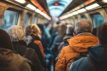 Passengers standing on a crowded subway train during rush hour