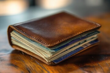 Brown leather wallet stuffed with us dollar banknotes on wooden table