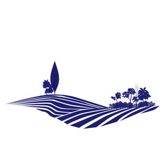 Rural mediterranean vector landscape with plowed fields, cypresses and pine tree.Vector illustration