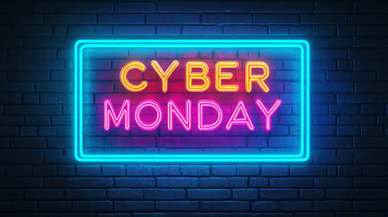 Cyber Monday Neon Sign on Brick Wall Background
