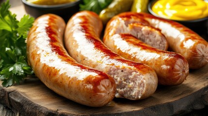 Grilled Sausages with Pickles and Mustard Garnish
