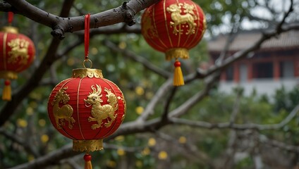 Obraz premium Red and gold decorations for the Chinese New Year hanging from a branch.