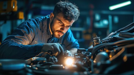 A side angle shot of the technician using a flashlight to check for oil leaks in the engine bay, surrounded by various automotive tools, showcasing the attention to detail in their work
