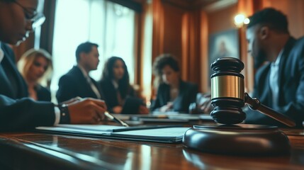 A side view of a judge's gavel striking a sound block, with a diverse team of lawyers seen in the background sharing ideas and reviewing case files in a conference room