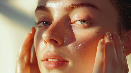 Skincare application close-up on woman's face