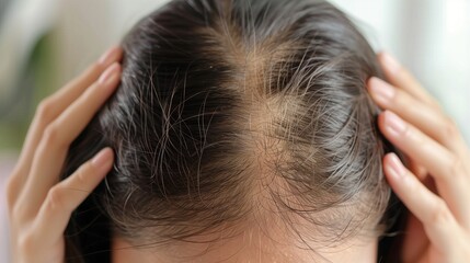 Naklejka premium Close-up of thinning hair on scalp highlighting hair loss and texture