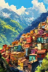 Colorful Hillside Village in the Mountains During a Sunny Day With Vibrant Houses Nestled Among Lush Greenery