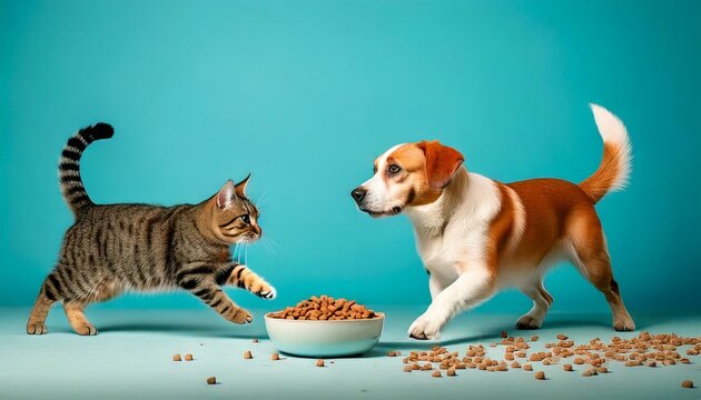 Un chien et un chat qui s'&eacute;lancent vers une gamelle de croquettes 