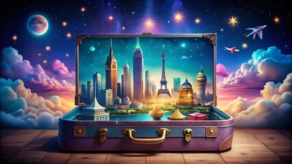 Obraz premium Whimsical Vintage Suitcase with Global Landmarks Skyline at Night in Dreamy Pastel Hues