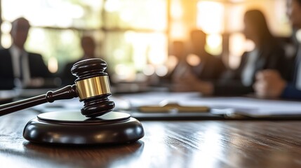 A gavel placed on a legal pad, with blurred images of a team of lawyers engaged in a productive meeting, showcasing the synergy of legal professionals working together