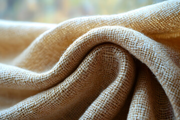 Fototapeta premium A close-up view of textured beige fabric, showcasing its soft, woven pattern with gentle folds and natural light enhancing its features.