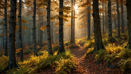 Scenic autumn forest with a golden glow.