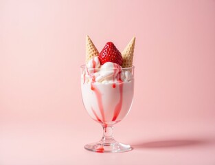 strawberry ice cream with strawberries in a glass cup