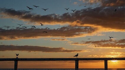Obraz premium Serene sunset with seagulls perched on a ledge