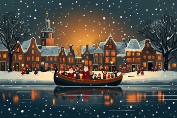 Santa Claus and children enjoy a snowy evening boat ride through a cozy village, celebrating the holiday spirit.