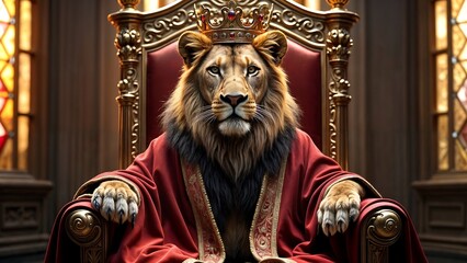 Fototapeta premium Majestic Lion with Crown in Fiery Volcano Background, Lion of Judah Concept.