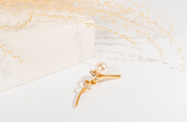 Golden brooch with decor on color background