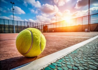 Yellow Tennis Ball on Blue Court with White Baseline and Green Out of Bounds - Sports Photography
