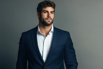 A well-groomed man in a dark suit standing confidently against a gray backdrop in a studio setting
