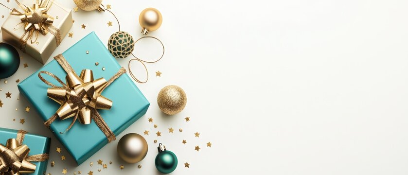 Christmas and happy new year background with present box, golden decoration elements on a light blue color banner. Greeting card template for Christmas or Happy New Year celebration design. 