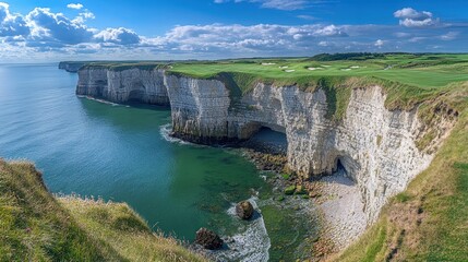 A scenic view of a golf course on a cliffside overlooking the ocean.