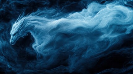Obraz premium A mystical blue horse made of swirling smoke, embodying a sense of ethereal beauty and fantasy against a dark, smoky background.