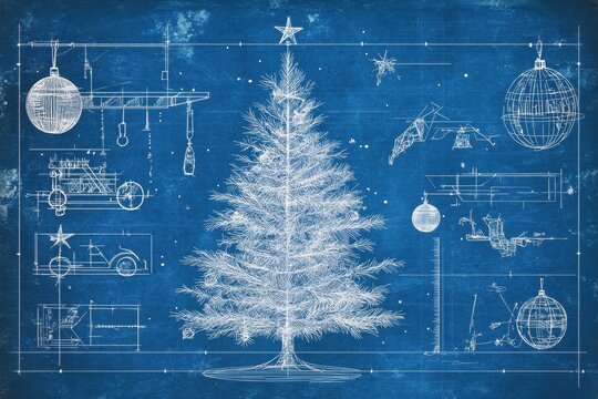 Christmas tree blueprint on blue background	
