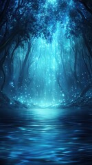 A serene, ethereal forest scene illuminated by blue light, reflecting on tranquil water, evoking a magical, dreamlike atmosphere.