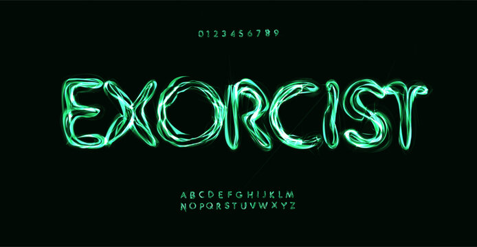Eerie glowing font, supernatural letters style, ghostly green glow alphabet for dramatic Halloween headline, paranormal lettering, mysterious horror typography. Spooky mystic typeface. Vector typeset.