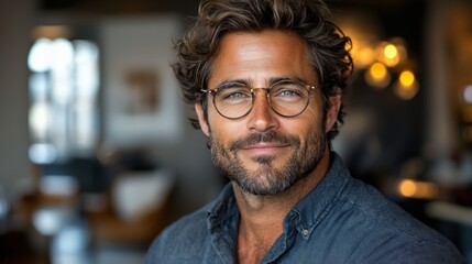 A man with glasses and a beard smiles warmly in a stylish café during a sunny afternoon