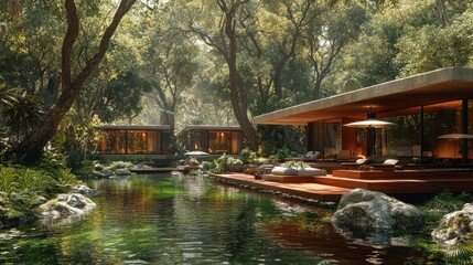 Obraz premium Modern homes nestled in a lush tropical forest with a pond.
